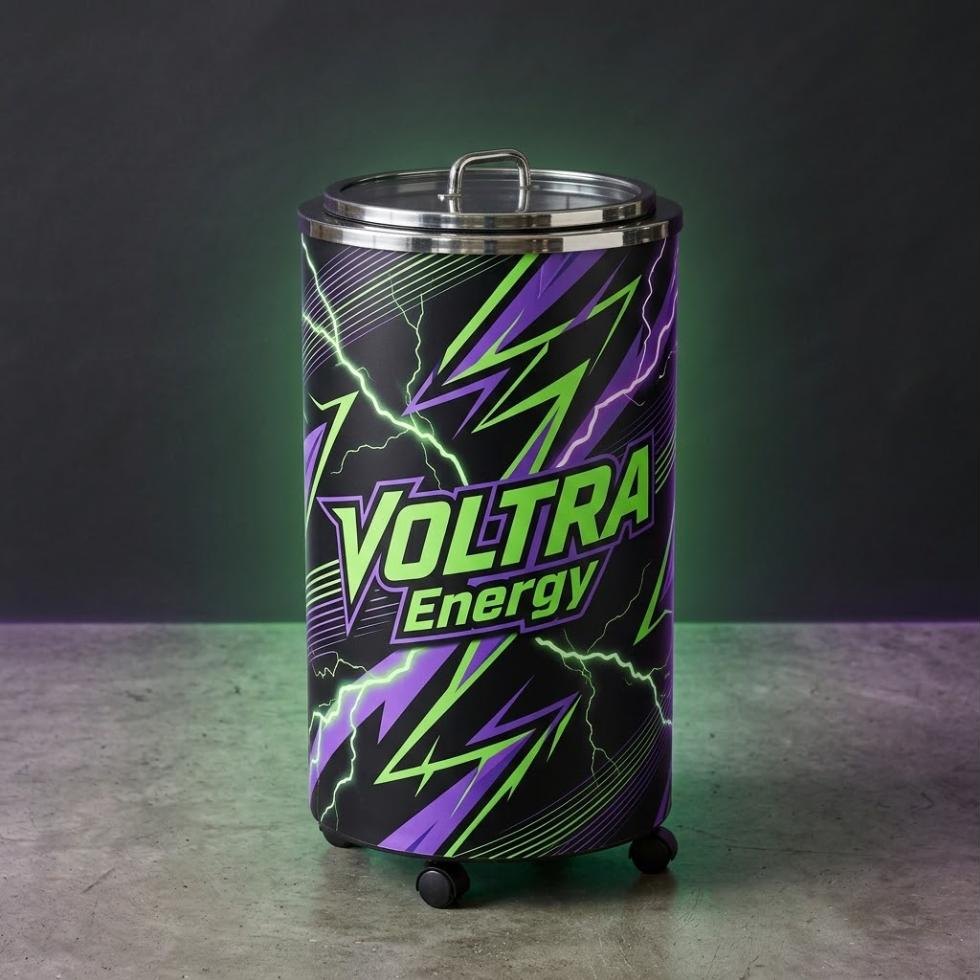 Tøndekøler med logo-wrap til energidrik – eksempel med sort baggrund og neongrønne lyn