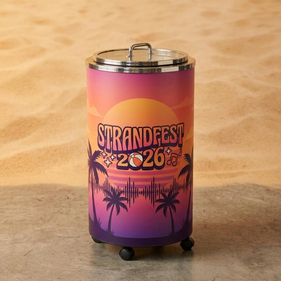 Tøndekøler med festival-wrap – eksempel med solnedgang, palmer og retro-logo