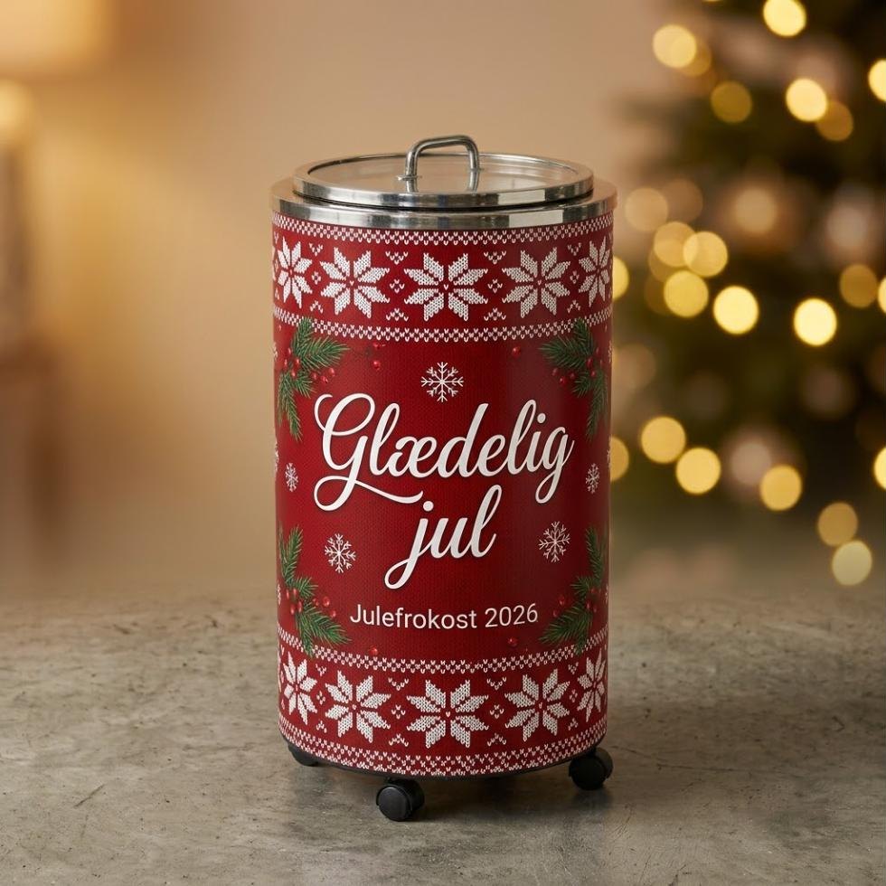 Tøndekøler med julewrap – eksempel med rødt strikmønster og teksten Glædelig jul