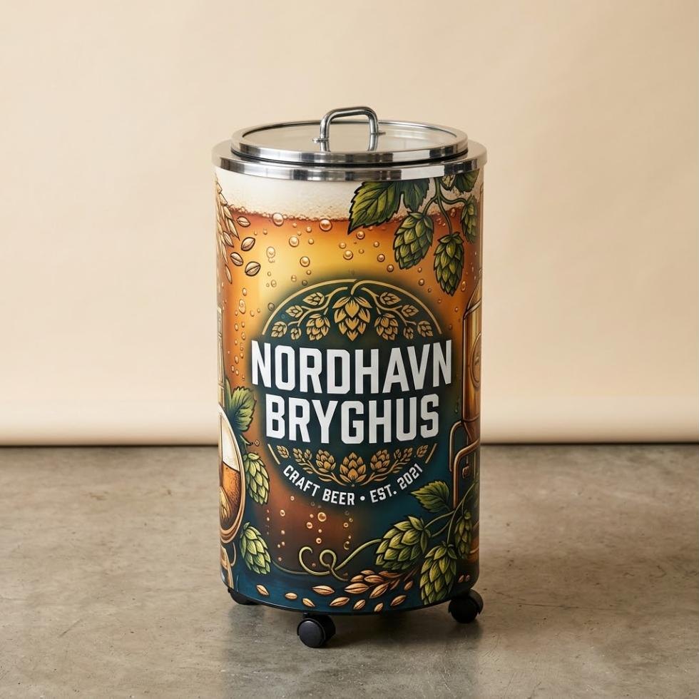 Tøndekøler med logo-wrap til bryggeri – eksempel med ravfarvet øl-design og humle