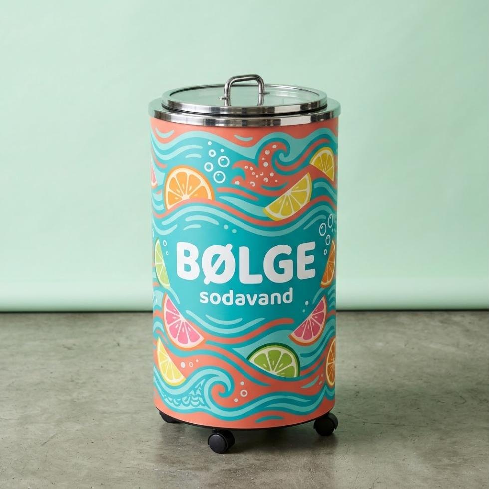 Tøndekøler med logo-wrap til sodavand – eksempel med turkis bølgemønster og citrus